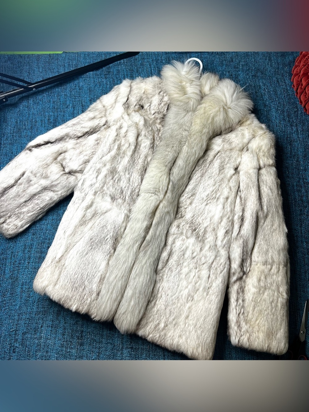 Vintage Dyed Rabbit Fur Satin Lined Fur Coat in White Brown Women's Size Large